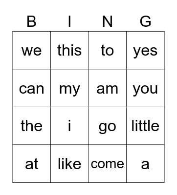 sight words Bingo Card