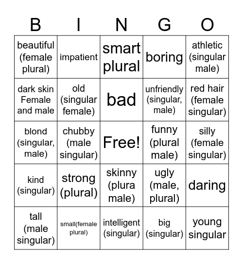 Los adjetivos en español Bingo Card