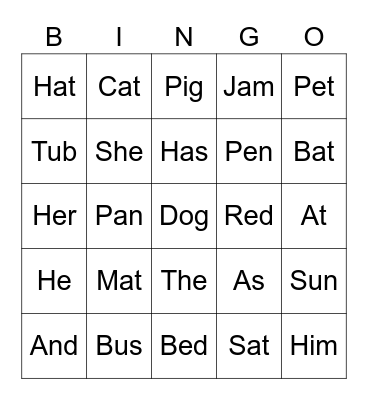 Cvc Word Bingo Card