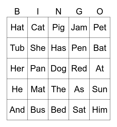 Cvc Word Bingo Card