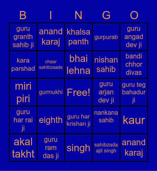 Ten Gurus Bingo Card