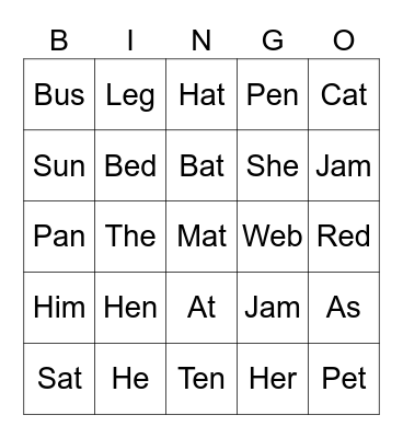 Cvc Word Bingo Card