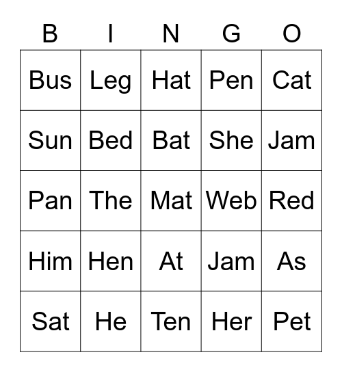 Cvc Word Bingo Card