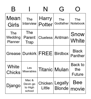 ALPHA XI DELTA MOVIE BINGO Card