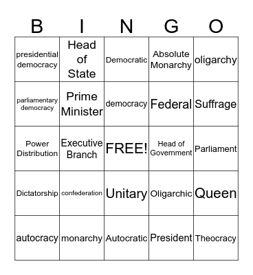 Government Vocabulary Bingo Card