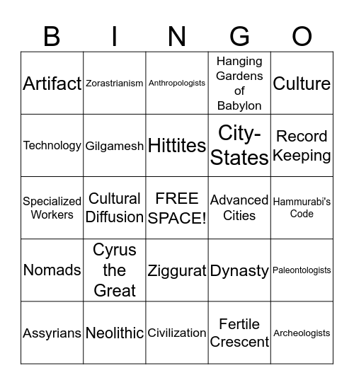 Mesopotamian Bingo Card