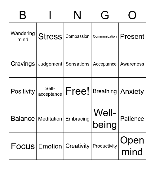 Key words linked to Mindfulness Bingo Card