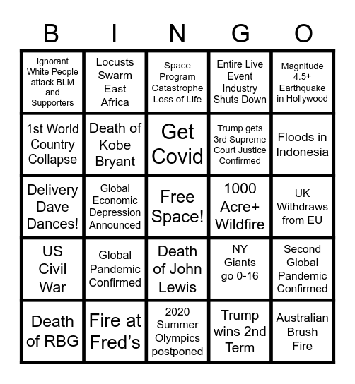 KIMBERLY EVANS 2020 APOCALYPSE BINGO Card