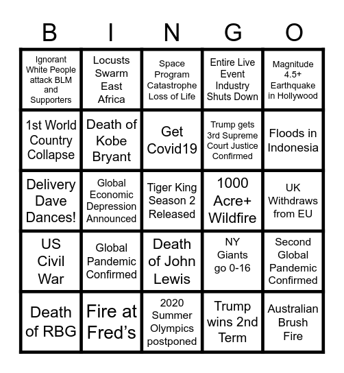 KIMBERLY EVANS 2020 APOCALYPSE BINGO Card