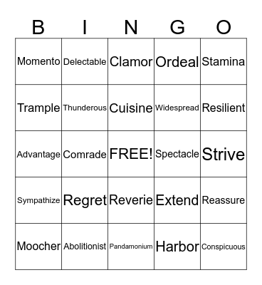 Vocabulary week 12 Bingo Card