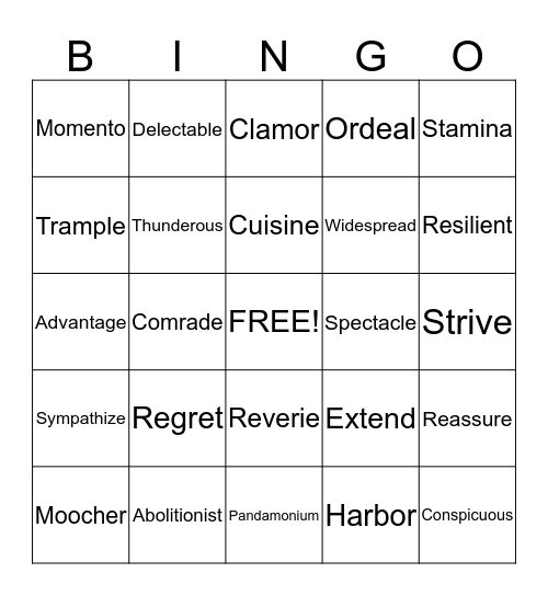 Vocabulary week 12 Bingo Card