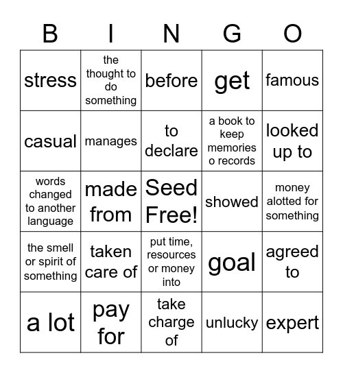 RE 2 Vocabulary, Units 7-8 Bingo Card