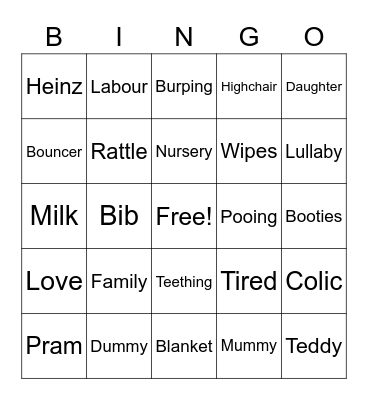 Katya's Baby Shower Bingo Card
