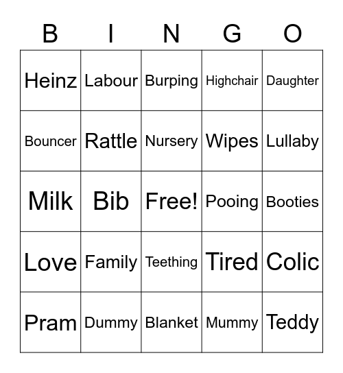 Katya's Baby Shower Bingo Card