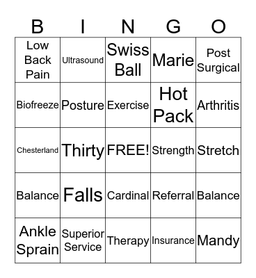 Cardinal Physical Therapy Bingo Card