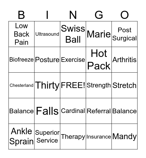 Cardinal Physical Therapy Bingo Card