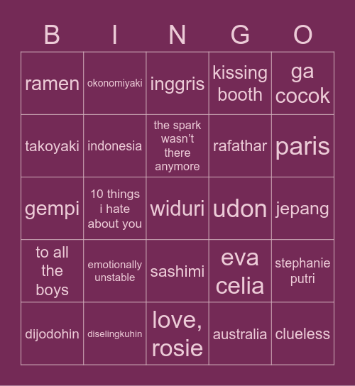 jennie Bingo Card