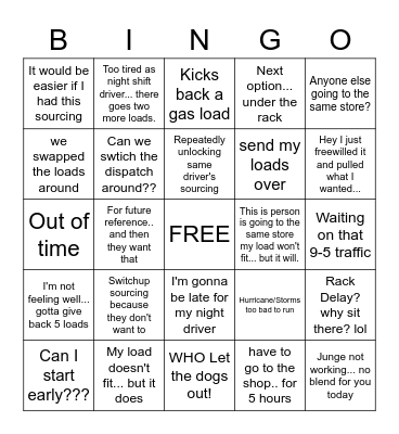 Driver Commentary Bingo Card