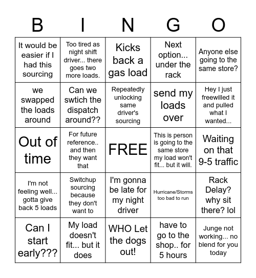 Driver Commentary Bingo Card