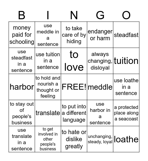 Word of the Week Bingo Card