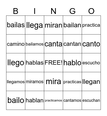 Conjugating -AR Verbs Bingo Card