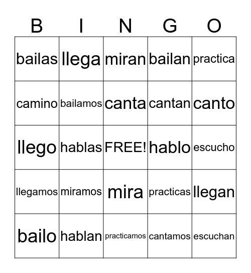 Conjugating -AR Verbs Bingo Card