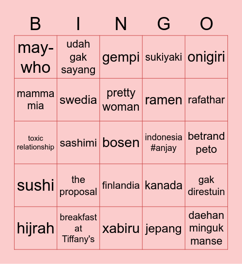 wonyie Bingo Card