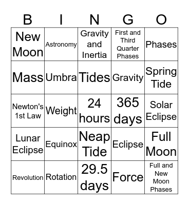 Earth, Moon, and Sun Bingo Card