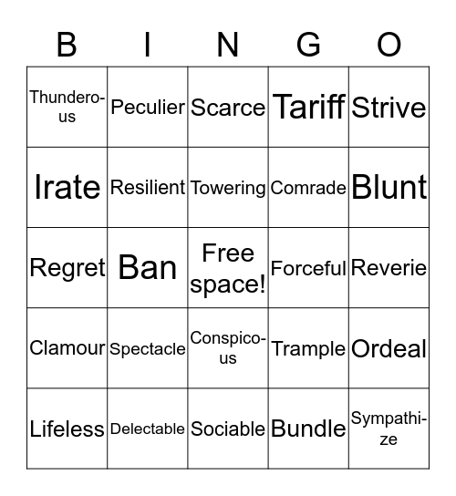 Vocabulary Bingo Card