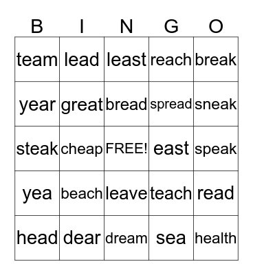 "ea" Word Bingo Card