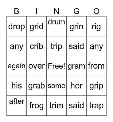 1st grade words Bingo Card