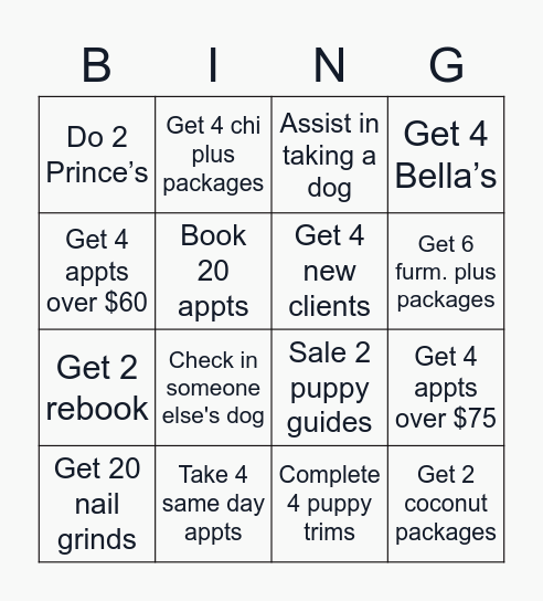 Grooming Bingo Card