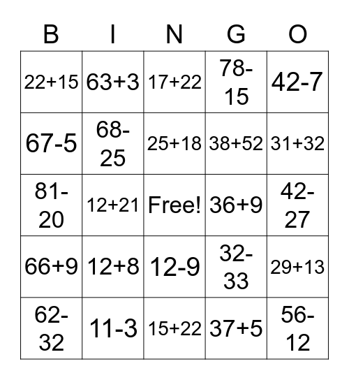 Two Digit Subtraction Bingo Card