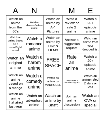 AP's Anime Bingo Challenge Fall 2020 Bingo Card