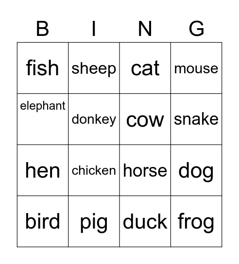 Live Animals Bingo Card