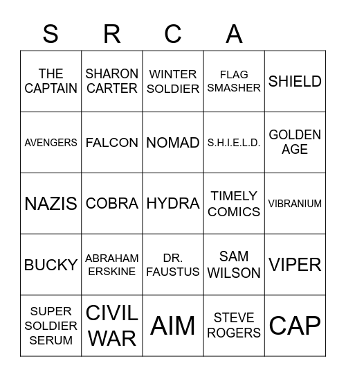 CAPTAIN AMERICA Bingo Card