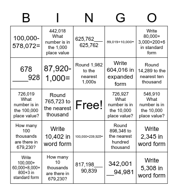 Math Review Bingo Card