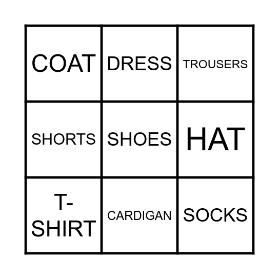 CLOTHES Bingo Card