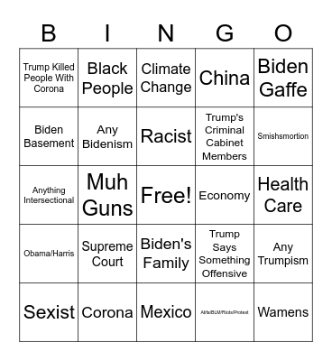 2020 Presidential Debate Bingo Card