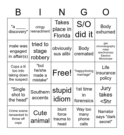 Forensic Files Bingo Card