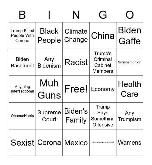 2020 Presidential Debate Bingo Card
