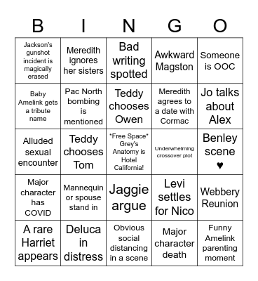Grey's Anatomy 1701/2 Fuckery Bingo Card