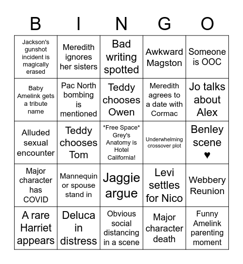 Grey's Anatomy 1701/2 Fuckery Bingo Card