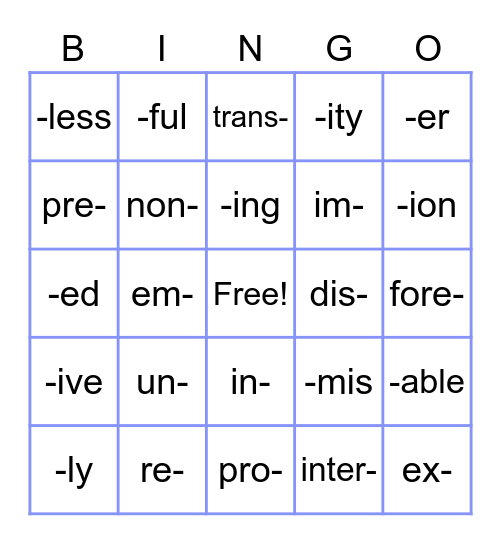 Prefixes & Suffixes Bingo Card