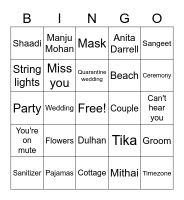 Quarantine Wedding Bingo Card