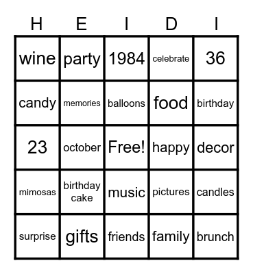 Heidi's 36th Birthday - Oct. 23rd 2020 Bingo Card