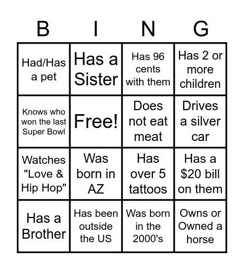 Virtual Family Connection Bingo Card