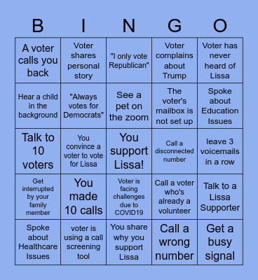 Lissa For PA Phone Bank Bingo Card