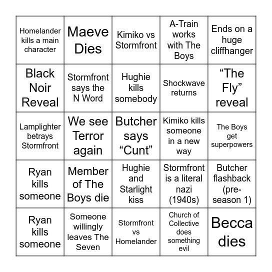 The Boys Predictions Bingo Card