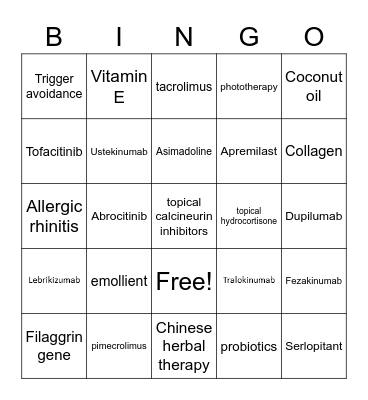 PPA Atopic Dermatitis Bingo Card